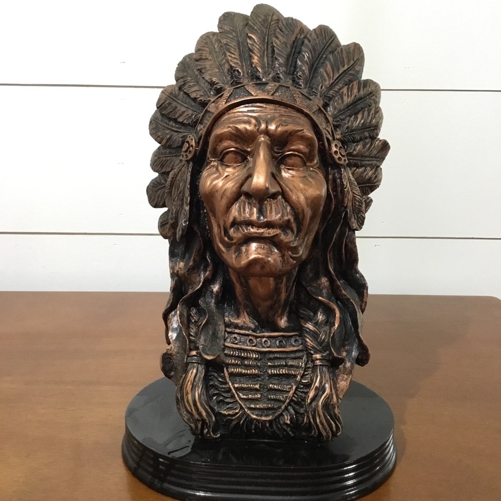 Native American Chief Bust Statue 12.5” Faux Bronze Resin Western Decor Figure